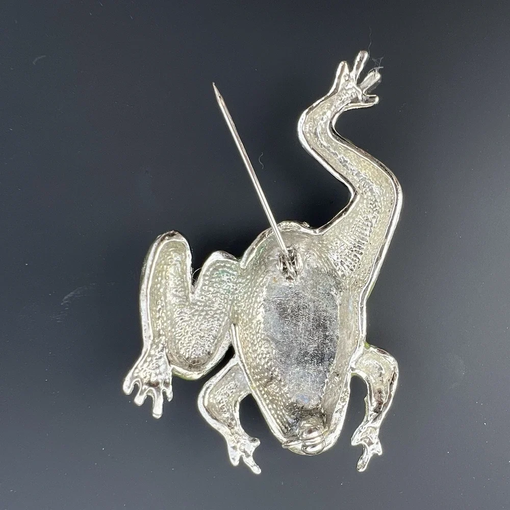 Tree Frog Brooch Green Enamel Rhinestone Vintage Amphibian Animal Pin